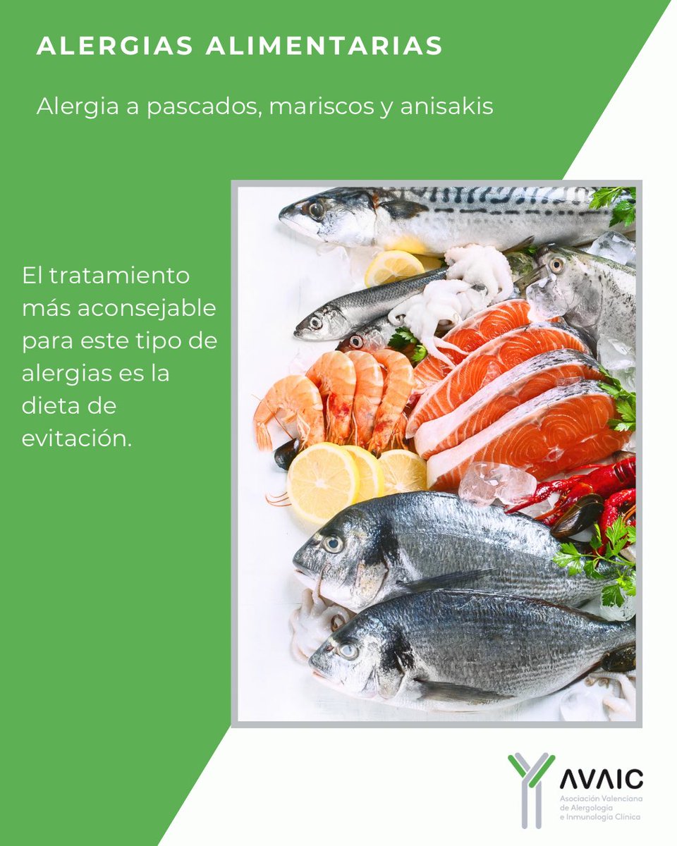 🐟  Alergia a pescados, mariscos y anisakis
👩🏻‍⚕️ Entre los distintos mariscos (crustáceos y moluscos) se produce una elevada reactividad cruzada, aunque la situación clínica más frecuente es la alergia simultánea a varios crustáceos. El tratamiento es la dieta de evitación.
