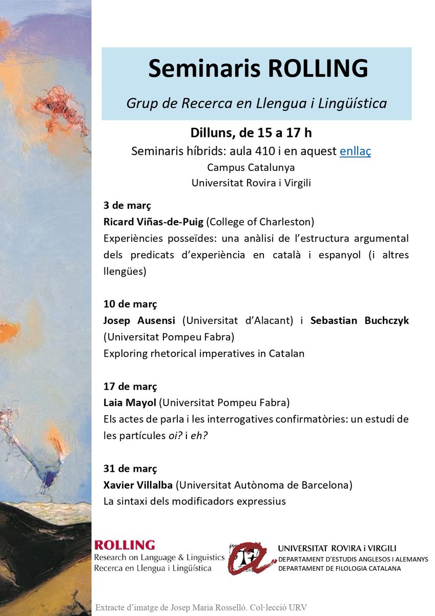 Avui tenim el darrer seminari #ROLLING del mes de març amb Xavier Villalba, del <a href="/CLT_uab/">CLT (UAB)</a>, que ens parlarà sobre "La sintaxi dels modificadors expressius". Aquesta setmana la xerrada és en línia, no us la perdeu!