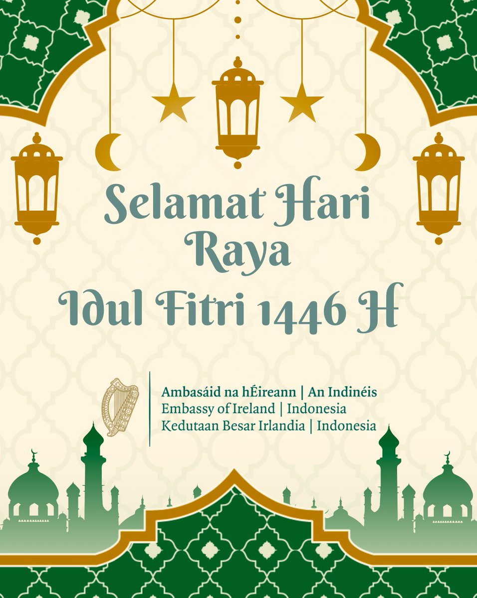 Selamat Hari Raya Idulfitri untuk teman-teman kami! Semoga hari ini membawa kebahagiaan dan kedamaian.
__
Happy Eid al-Fitr to all our friends! Wishing you a happy and peaceful Eid.

#IdulFitri #EidMubarak #Irlandia #IrelandinIndonesia #IrlandiadiIndonesia