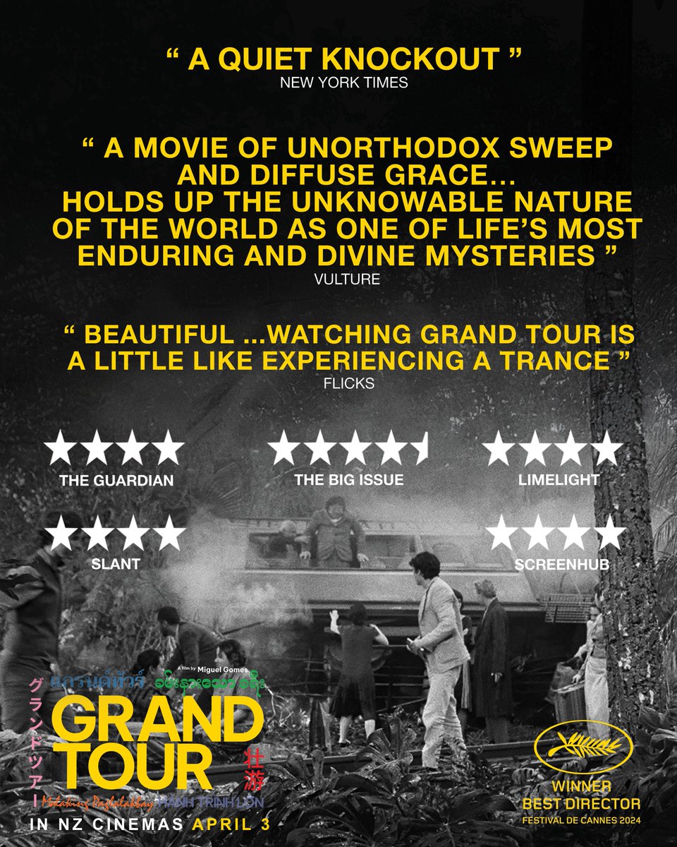 PotentialFilms's tweet image. This Thursday.

Rangoon, Burma, 1917. Edward, a civil servant for the British Empire, flees from his fiancée, Molly. Undeterred, she follows his trail on an Asian grand tour.

Cannes Best Director winner GRAND TOUR is in NZ Cinema April 3.

Ticket/Info: bit.ly/4gzWDKm