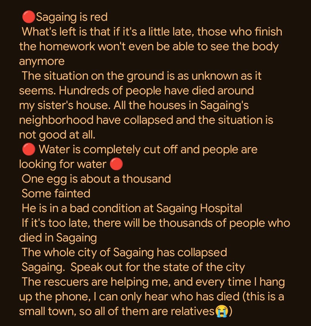 zoe_dev_'s tweet photo. More need urgent help our sagaing, Please help our 🇲🇲Myanmar🙏🙏🙏

#WhatsHappeningInMyanmar
#Sagaing #HelpMyanmarRecover
#MyanmarEarthquake https://t.co/aJvur3NTrP