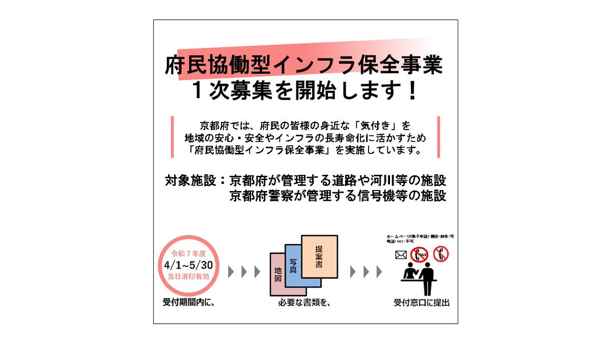 KyotoPrefPR's tweet photo. ／
府民の皆様の身近な「気付き」を、
地域の安心・安全やインフラの長寿命化に活用✨
「府民協働型インフラ保全事業」１次募集開始📣
＼
皆様からのご提案をお待ちしています🙇‍♂️

✅期間：4/1（火）～5/30（金）

提案方法や過去の実績など⏬
https://t.co/QnJ1GgTSq1 https://t.co/HkhANRgf9e