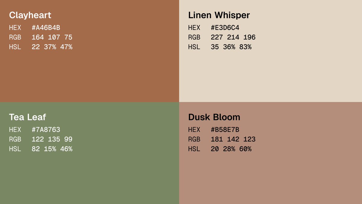 coloraiapp's tweet photo. "Midwife Reverie"

Earthy tones reflect soil fertility and plant vitality, evoking warmth, comfort, and gentle care found in natural habitats and traditional healing spaces. https://t.co/KIsTRYHHWO
