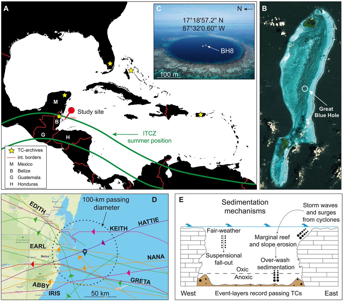 ScienceMagazine's tweet image. A sediment core from the Great Blue Hole shows the longest continuous record of #TropicalCyclone frequency and a trend of increasing storminess in the southwestern Caribbean over the past 5700 years. scim.ag/41U63LI @ScienceAdvances