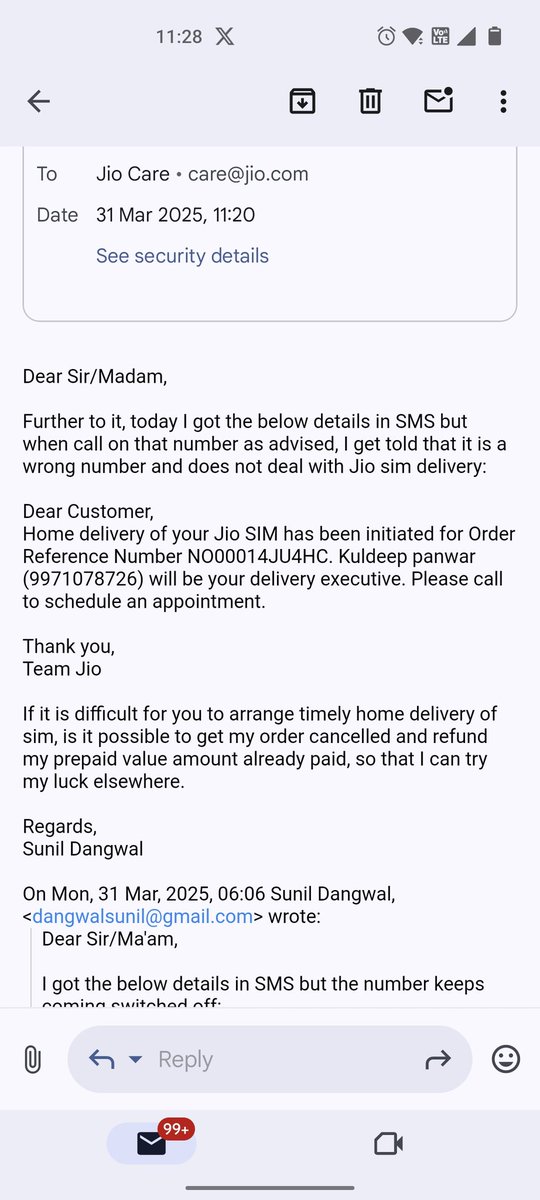 SunilDangwal's tweet photo. @JioCare @reliancejio not sure how I got lured by the statement of getting a new sim home delivered in a few hours and ordered my sim last week after completing my eKYC online and paying the amount for prepaid plan charges. I have been struggling since last week to get the same https://t.co/JMzE9qibTf