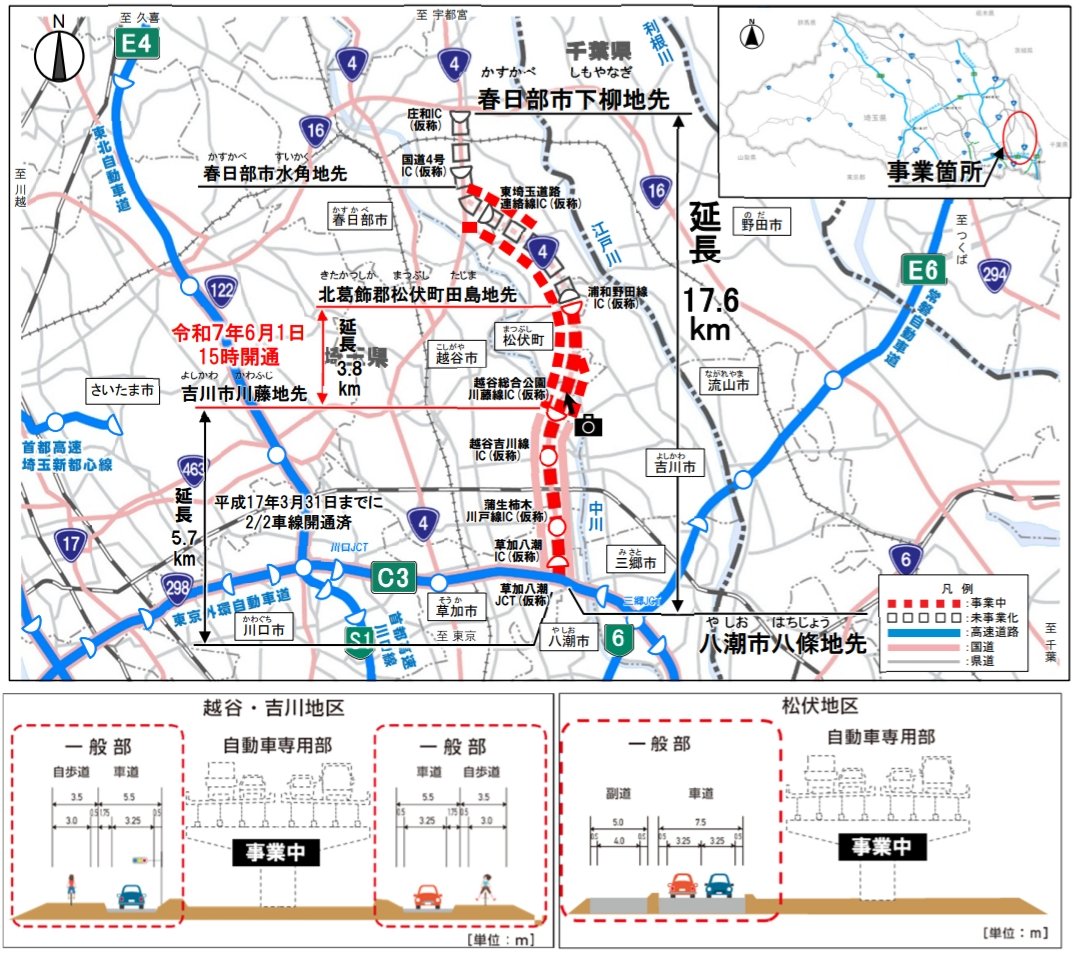 road_open's tweet photo. 国道4号東埼玉道路(吉川市川藤～松伏町田島)が開通します　
令和7年6月1日(日)15時に開通します
延長：３．８ｋｍ
https://t.co/TXSF7jDAKc https://t.co/fKBdpTjUrL