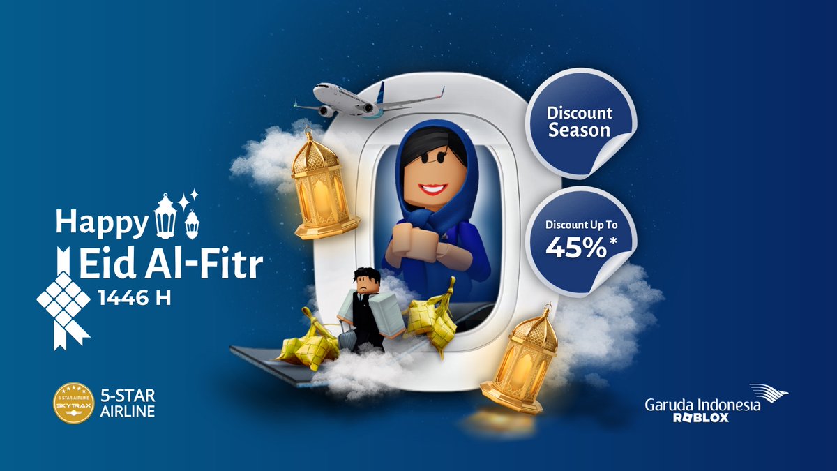 Garuda Indonesia wishes you a Happy Eid al-Fitr 1446 H. After a month of fasting, it is time to celebrate with a pure heart and joy. May this Lebaran bring peace, togetherness, and blessings to us all.

For More Information: discord.gg/EAmEhzf

#roblox #roaviation #IdulFitri