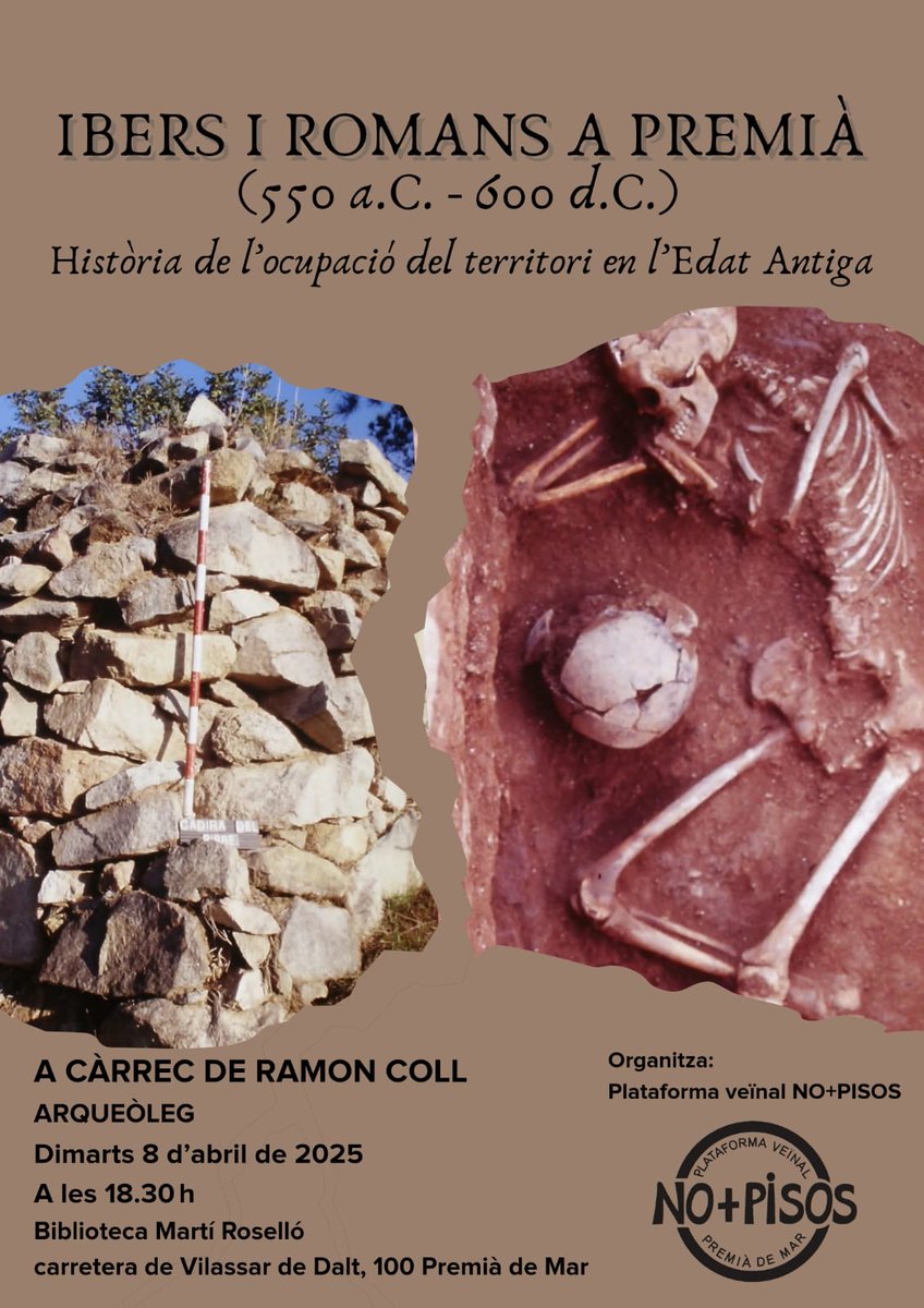 NoMesPisos's tweet photo. Farem un repàs a les primeres ocupacions humanes en el que avui coneixem com a Premià (de Mar i de Dalt). Amb especial incidència en els jaciments més importants d'època ibèrica i romana. https://t.co/rCs9oKFsav