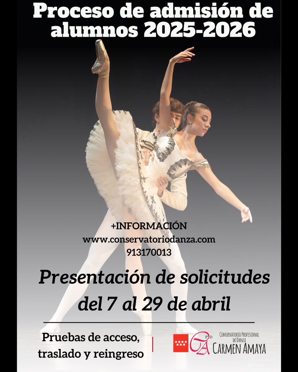 PROCESO DE ADMISIÓN: PRESENTACIÓN DE SOLICITUDES DEL 7 AL 29 DE ABRIL
Para pruebas de acceso, traslado y reingreso.

Los contenidos de las pruebas por curso y especialidad pueden consultarse en nuestra página web.
conservatoriodanza.com
913170013