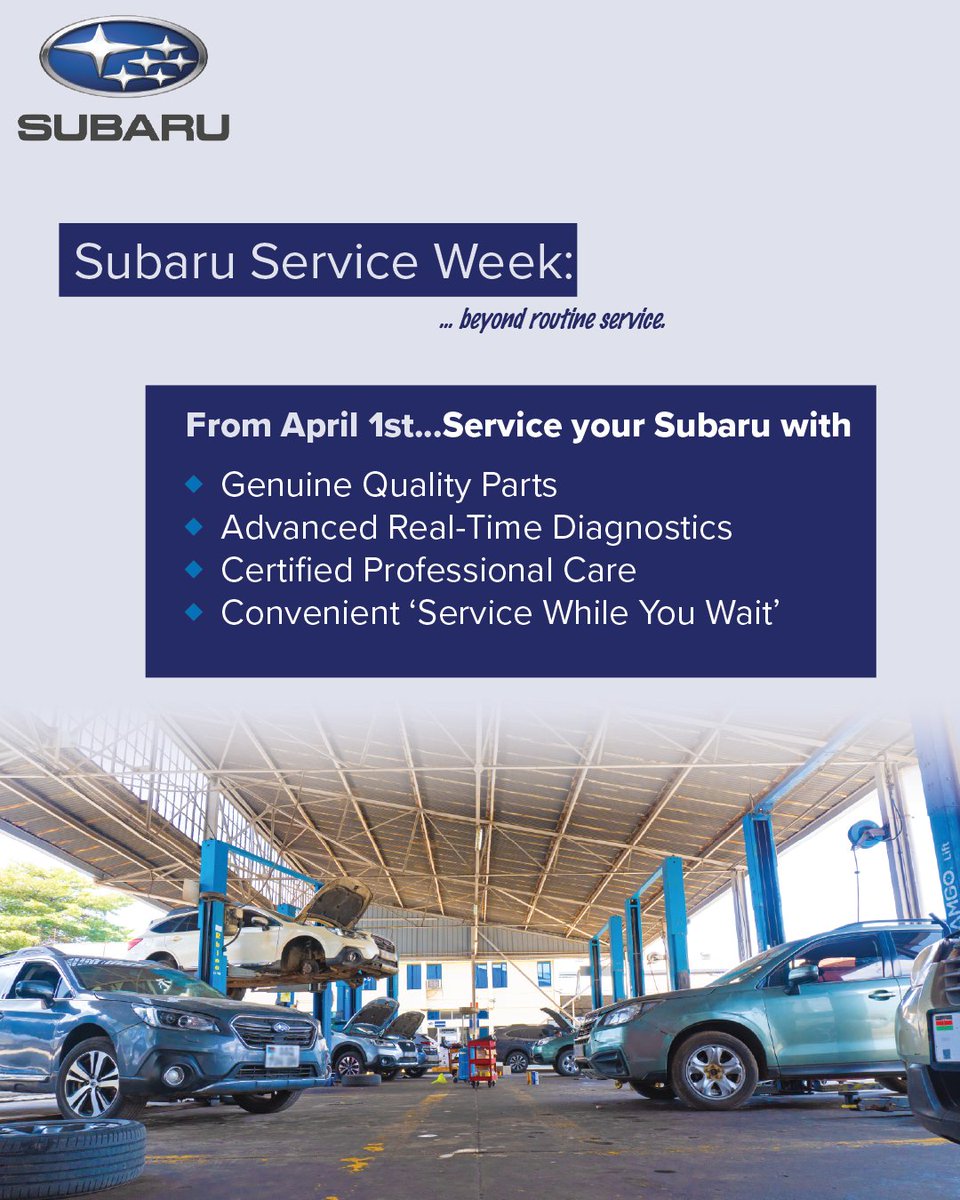 Live More...Fear Less This rainy season 🌧️🚗
Get your Subaru in top shape for all your adventures with our Service Week Specials in 📍Nairobi &amp; Kisumu. 
Drive with confidence—rain or shine! 
Don’t miss out! ⏳

#subaru #subaruservice #foresternation #legionofoutbacks #imprezake