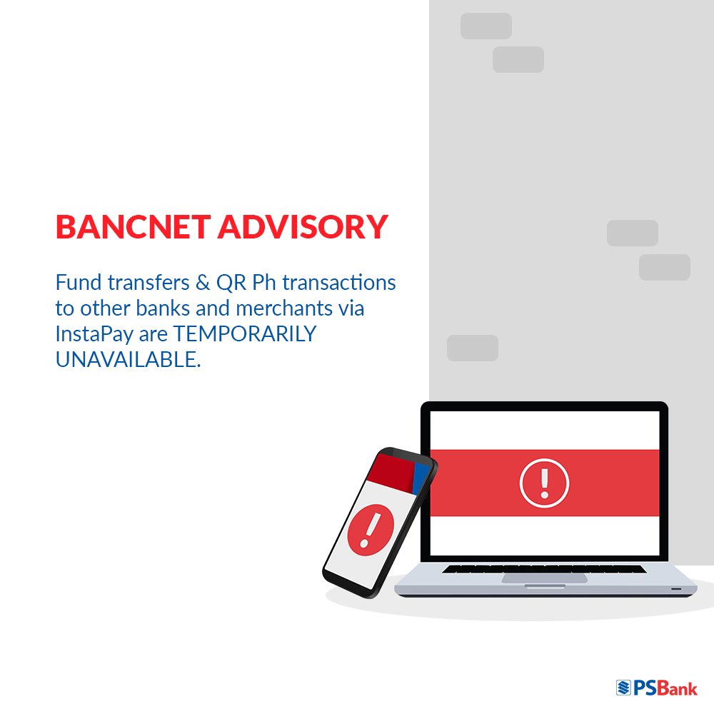 #PSBankAdvisory: InstaPay services are temporarily unavailable at this time due to system issues of BancNet.

Meanwhile, all other PSBank services remain available for your banking needs.