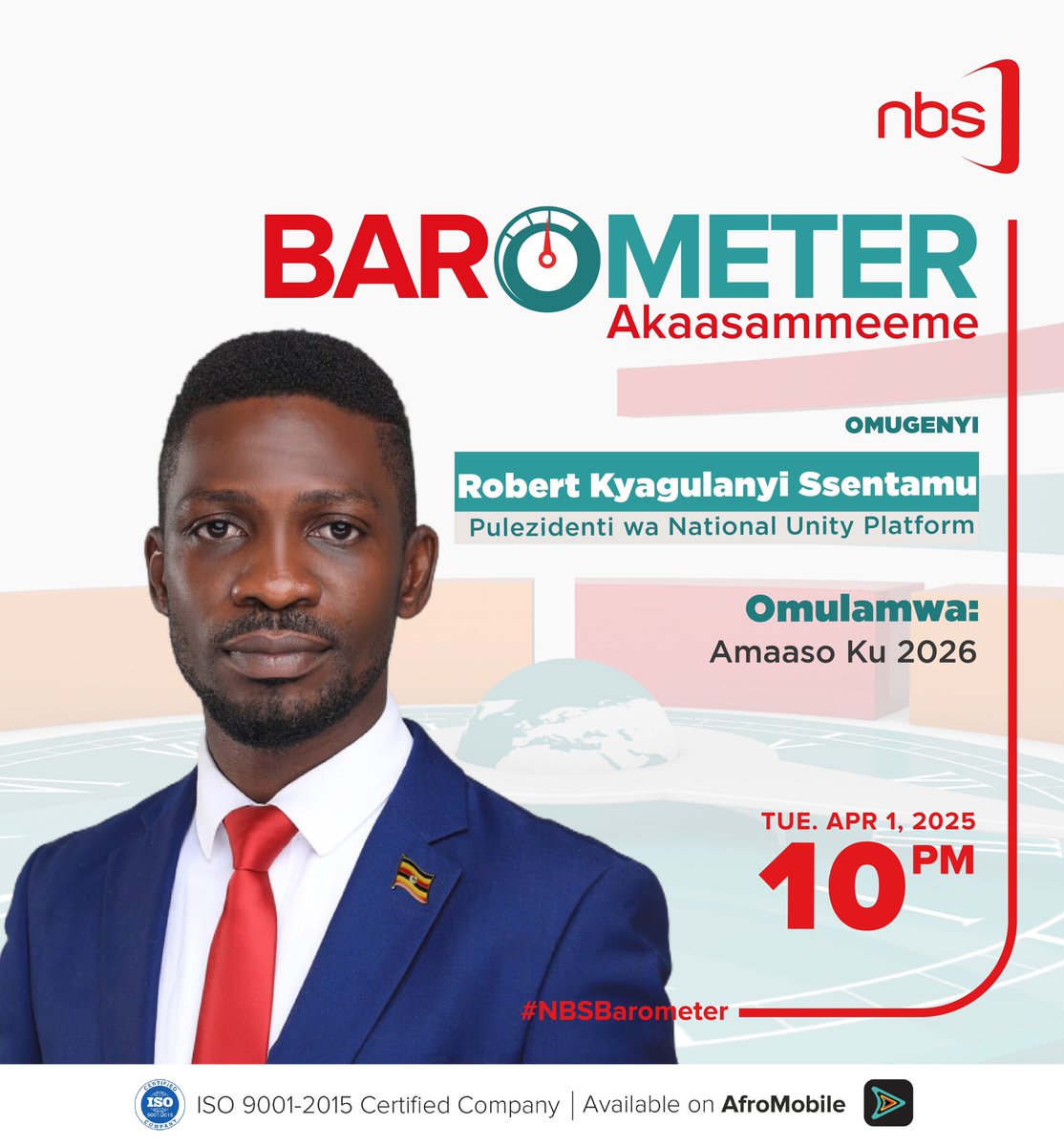 NBS Television (@nbstv) on Twitter photo Eyes on 2026!
This Tuesday, April 1st 2025 on #NBSBarometer, <a href="/adam_kungu/">Kungu Al-mahadi Adam</a> will host the <a href="/NUP_Ug/">National Unity Platform</a> President, Hon <a href="/HEBobiwine/">BOBI WINE</a>, to discuss this and more starting at 10PM.
Download the <a href="/afromobileug/">AfroMobile</a> App to stream live.
Don't miss the show!
#NBSUpdates Eyes on 2026!
This Tuesday, April 1st 2025 on #NBSBarometer, <a href="/adam_kungu/">Kungu Al-mahadi Adam</a> will host the <a href="/NUP_Ug/">National Unity Platform</a> President, Hon <a href="/HEBobiwine/">BOBI WINE</a>, to discuss this and more starting at 10PM.
Download the <a href="/afromobileug/">AfroMobile</a> App to stream live.
Don't miss the show!
#NBSUpdates