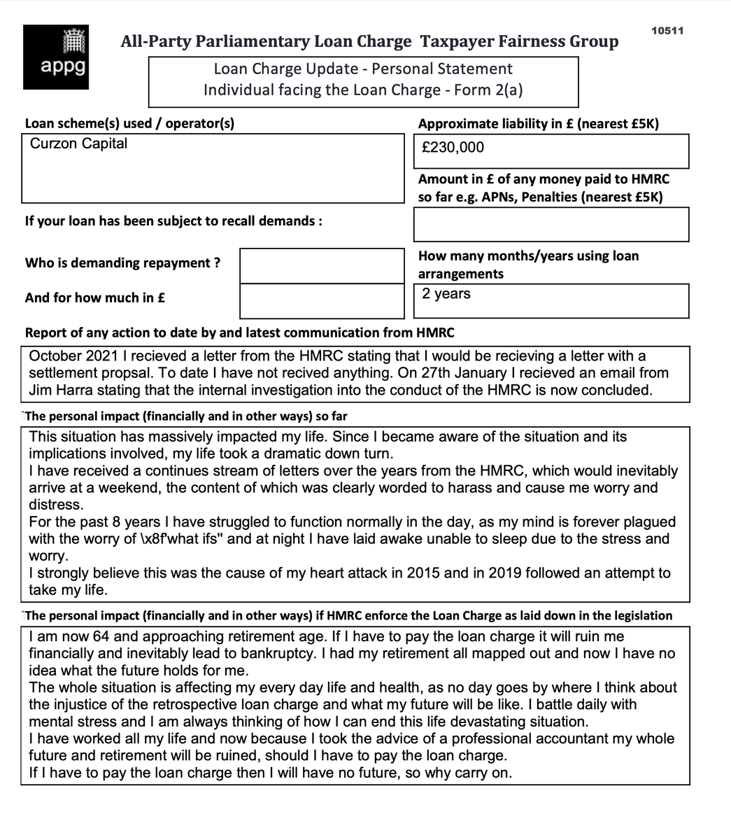 ...8 years I have struggled to function normally in the day, as my mind is forever plagued with worry

...at night I have laid awake unable to sleep due to the stress and worry

...and in 2019 followed an attempt to take my life

<a href="/LCAG_2019/">Loan Charge Action Group [LCAG]</a> 
<a href="/loanchargeAPPG/">Loan Charge & Taxpayer Fairness APPG</a> 
#LoanChargeScandal