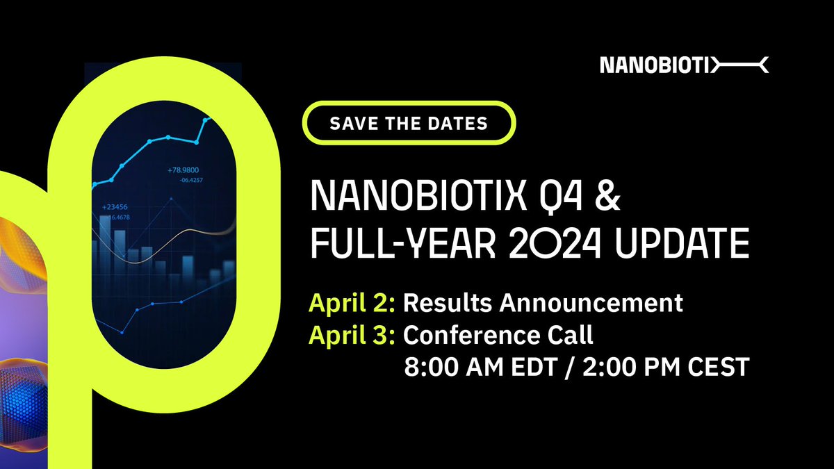 Nanobiotix annoncera ses résultats financiers du 4ème trimestre et de l'exercice 2024 le 2 avril 2025. Conférence téléphonique et webcast le 3 avril à 8h EDT / 14h CEST avec Laurent Lévy, CEO, et Bart Van Rhijn, CFO.

#Nanobiotix #RésultatsFinanciers #Biotech #InnovationCancer