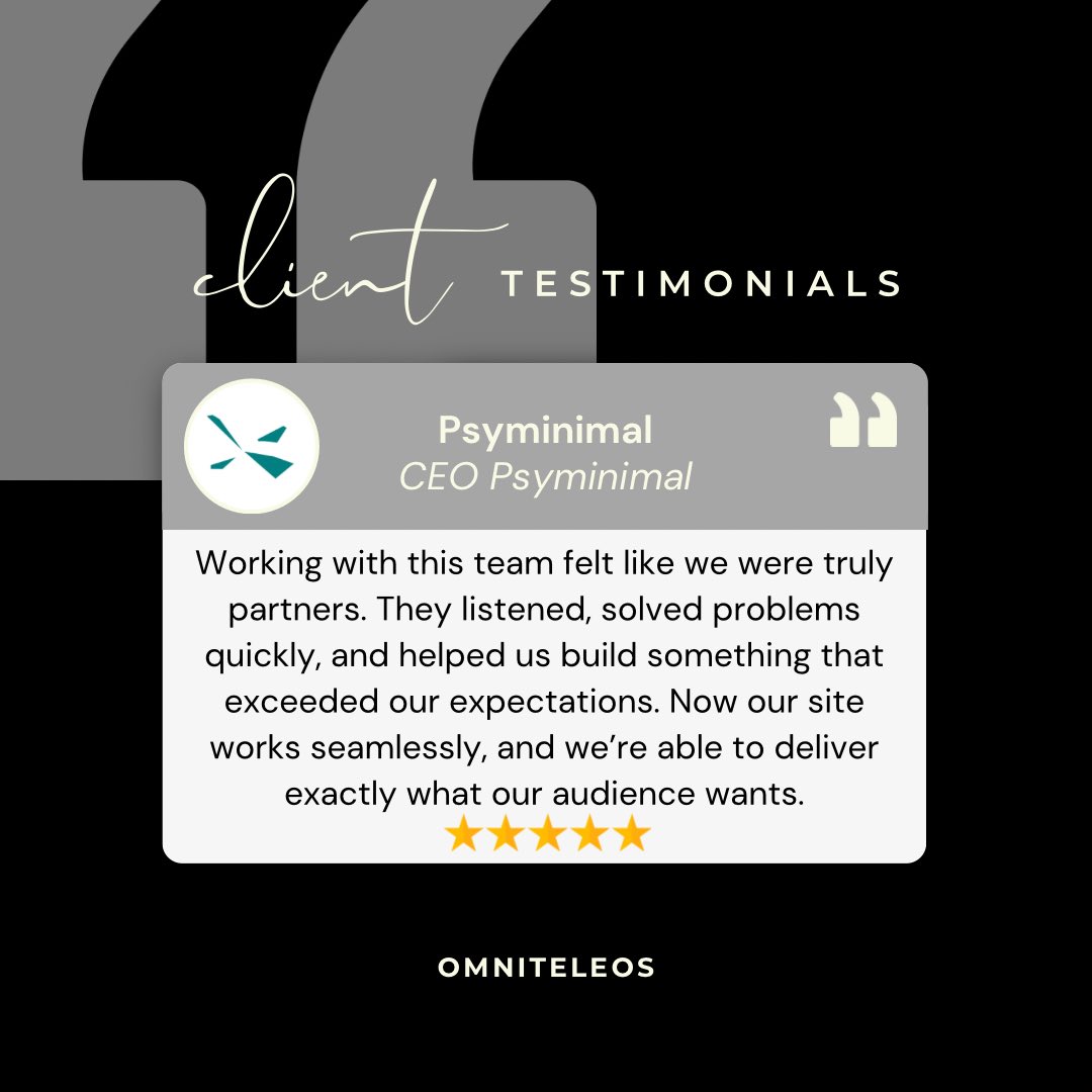 omniteleos's tweet image. A happy client! Here’s what the CEO of @psy_minimal had to say about working with us.

#client #clientreviews #softwareenginnering #coding #tech #technology #software
