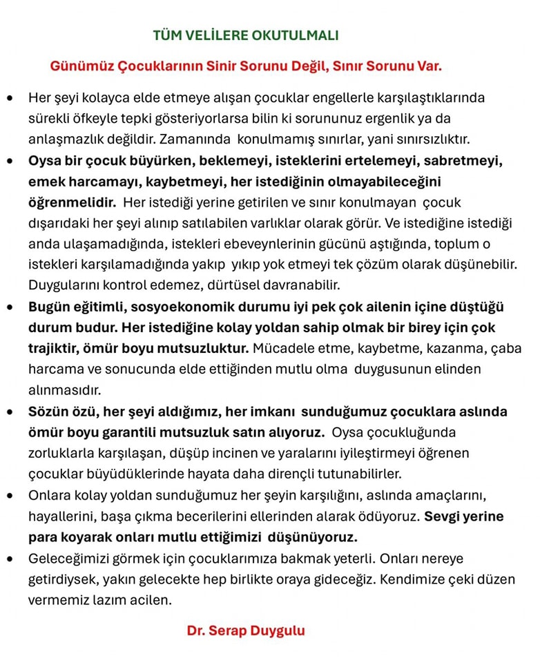 Tüm Velilere Okutulmalı