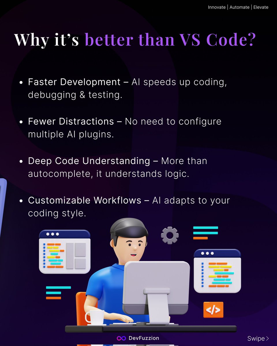 devfuzzion's tweet image. Cursor vs. VS Code: Which One is Smarter?
Cursor brings built-in AI assistance, smarter autocompletion, and AI-powered debugging no extra extensions needed. Code faster, debug instantly, and optimize effortlessly.
#AI #Coding #DeveloperTools #VSCode #Cursor #codeditor #WebDev