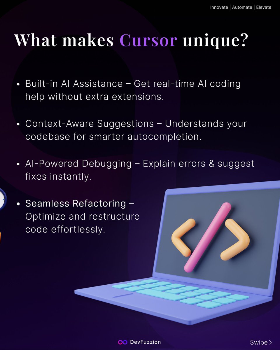 devfuzzion's tweet image. Cursor vs. VS Code: Which One is Smarter?
Cursor brings built-in AI assistance, smarter autocompletion, and AI-powered debugging no extra extensions needed. Code faster, debug instantly, and optimize effortlessly.
#AI #Coding #DeveloperTools #VSCode #Cursor #codeditor #WebDev