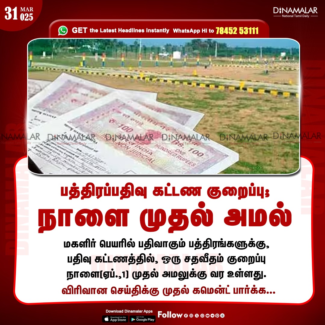 dinamalarweb's tweet photo. பத்திரப்பதிவு கட்டண குறைப்பு;நாளை முதல் அமல்
#assets | #womens | #registrationfees
https://t.co/y4W3uzOWeZ https://t.co/kTMxAkN1Ou