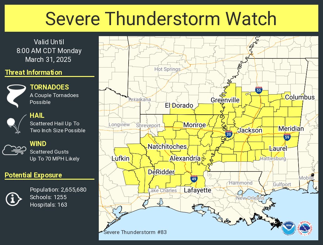 A severe thunderstorm watch has been issued for parts of Arkansas, Louisiana, Mississippi and Texas until 8 AM CDT