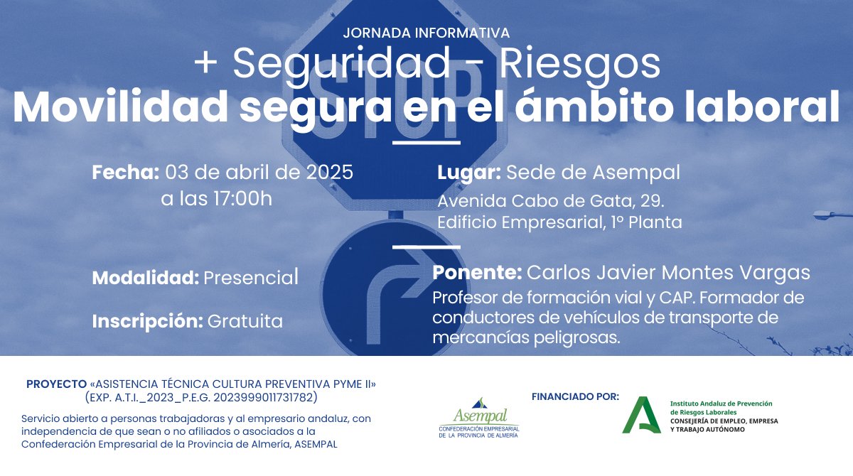 ASEMPAL (@asempal) on Twitter photo 3/04/25🚗Jornada “+ Seguridad - Riesgos: movilidad segura en el ámbito laboral”.
🔎Analizaremos los riesgos viales en el entorno laboral y estrategias clave para prevenir accidentes
“Asistencia Técnica Cultura Preventiva Pyme II” financiado por <a href="/IAPRL/">Inst. Andaluz de Prevención de Riesgos Laborales</a> 👉goo.su/kIKU 3/04/25🚗Jornada “+ Seguridad - Riesgos: movilidad segura en el ámbito laboral”.
🔎Analizaremos los riesgos viales en el entorno laboral y estrategias clave para prevenir accidentes
“Asistencia Técnica Cultura Preventiva Pyme II” financiado por <a href="/IAPRL/">Inst. Andaluz de Prevención de Riesgos Laborales</a> 👉goo.su/kIKU