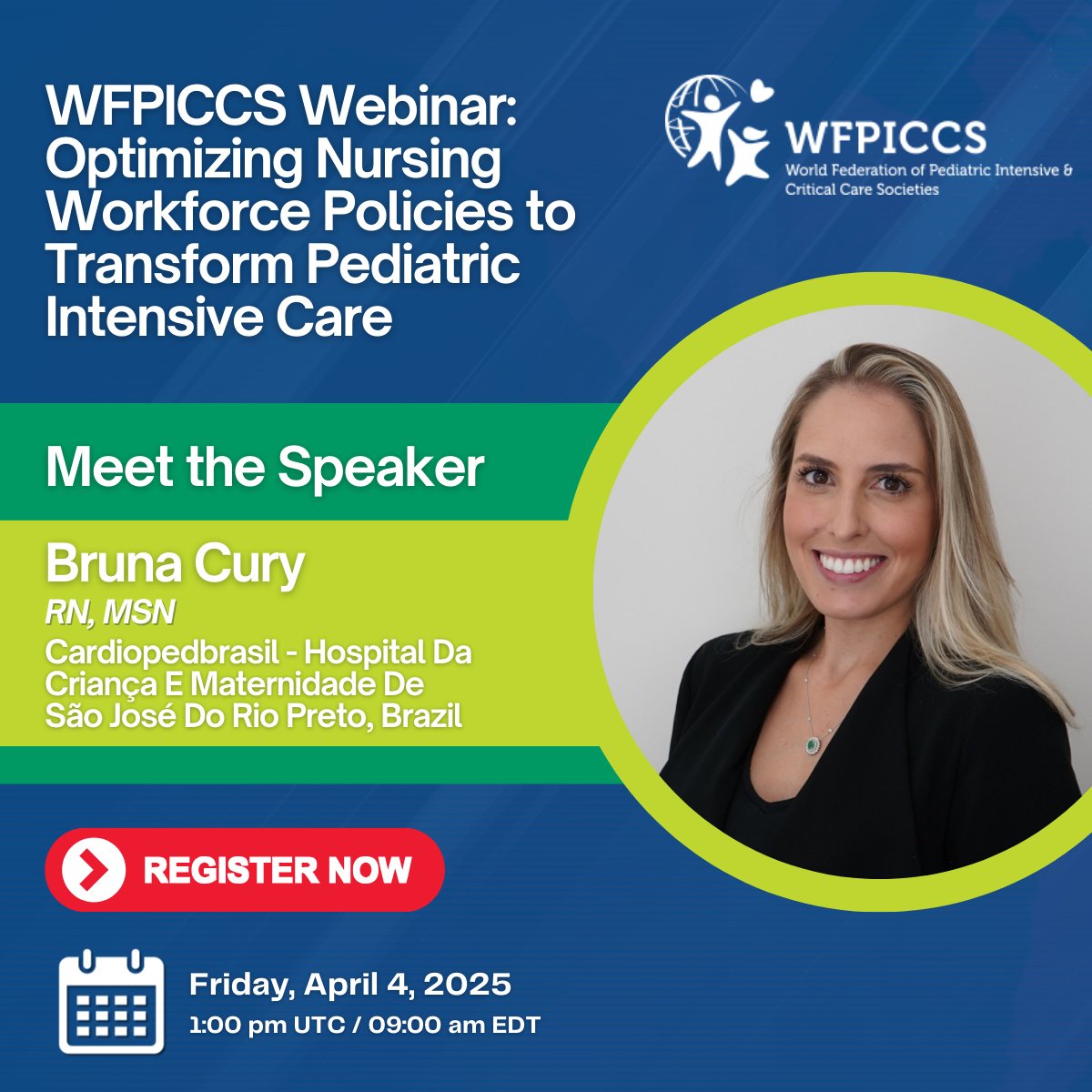 We are excited to announce that Bruna Cury will speak in our upcoming webinar, "Optimizing Nursing Workforce Policies to Transform Pediatric Intensive Care”

🗓 Date: Friday, April 4, 2025
🕒 Time: 1:00 PM UTC+0 (09:00 AM EDT)
🔗 Register Now: us02web.zoom.us/meeting/regist… 

#PedsICU
