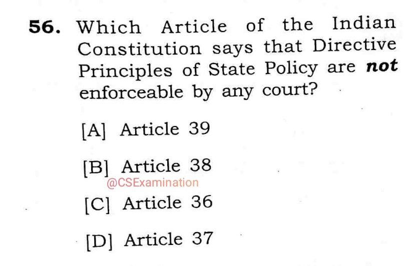 CSExamination's tweet image. Revision through MCQs.

Topic:  Polity  / Articles / DPSP

Comment your answer !

#UPSCPrelims2024 #UPSC #uppsc #roaro #mppsc #ukpsc #HPSC #JPSC