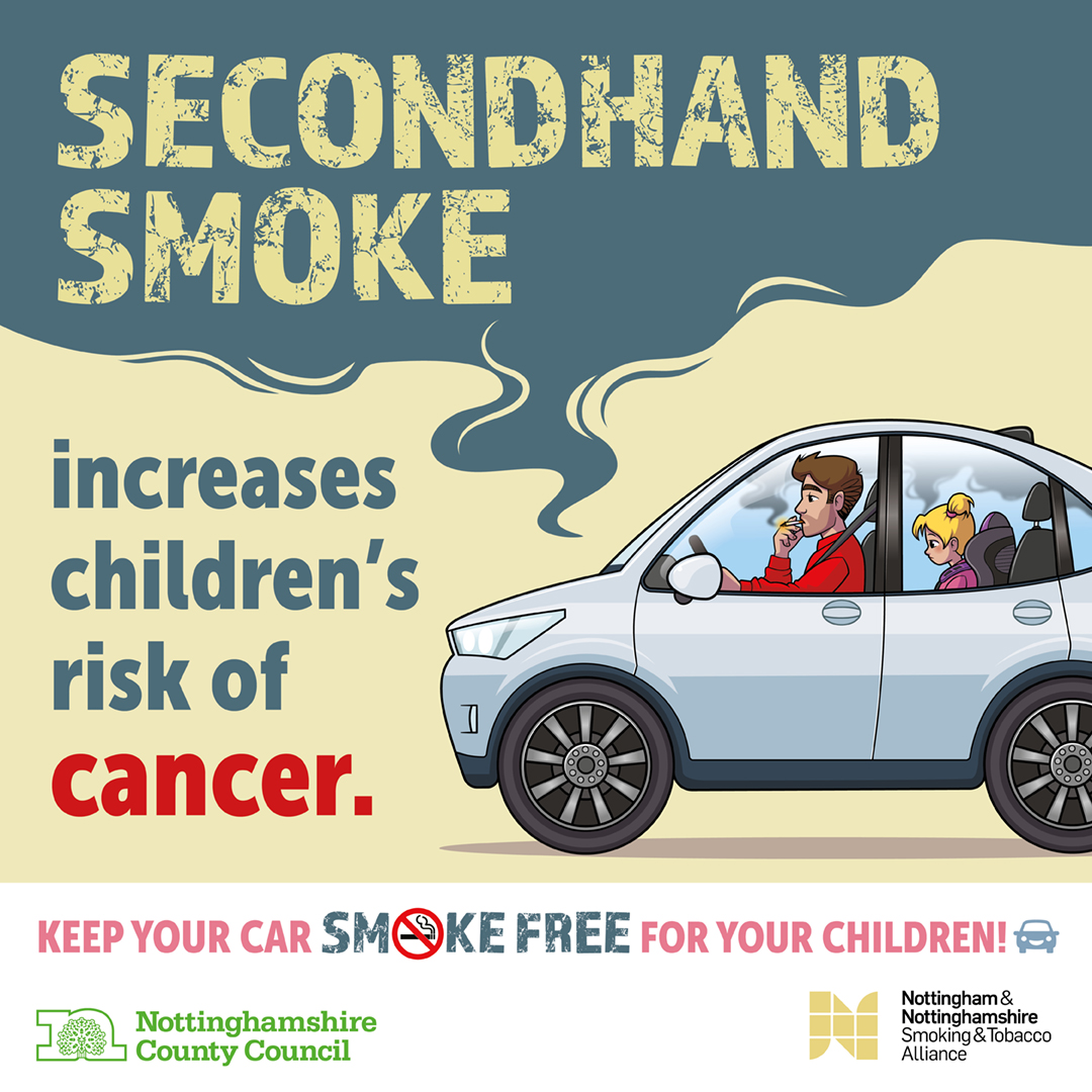Smoking in a car with a child under the age of 18 present is against the law. Secondhand smoke causes the same illnesses as smoking, including cancer.  Keep your car smokefree for your children! #nottsmoking #smokefreenn