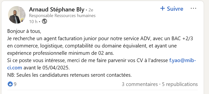 EmploisCi's tweet image. 🚨🇨🇮 NOUVELLE OFFRE D’EMPLOI 🚨🇨🇮
 Agent Facturation Junior (1 poste) – Service ADV
📍 Domaine : Commerce / Logistique / Comptabilité
🎓 Niveau BAC +2/3
🧠 Expérience requise : min. 2 ans
📩 Envoyez votre CV à f.yao@mib-ci.com
📅 Date limite : 05 avril 2025
#EmploiCI #Facturation…