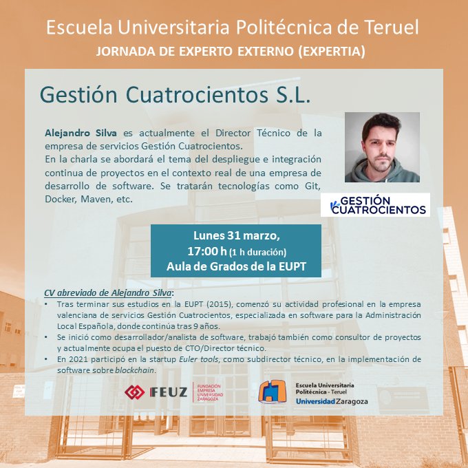 Alejandro Silva, director técnico en la empresa Gestión Cuatrocientos (y titulado de la EUPT), nos acompañará este lunes para contarnos su evolución profesional 
Os esperamos.