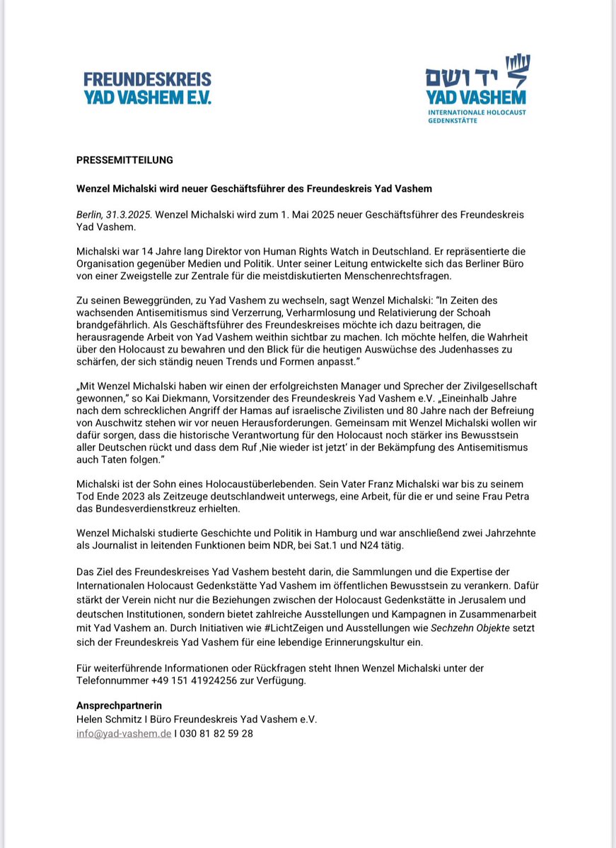 Good news: Wenzel Michalski wird neuer Geschäftsführer des Freundeskreis Yad Vashem! Eineinhalb Jahre nach dem schrecklichen Angriff der Hamas auf israelische Zivilisten und 80 Jahre nach der Befreiung von Auschwitz stehen wir vor neuen Herausforderungen. Gemeinsam mit Wenzel