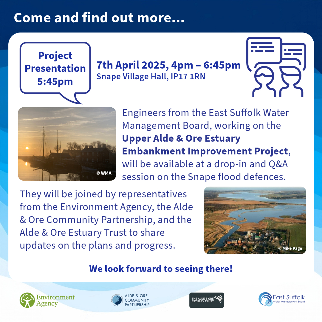 The_WMA (@the_wma) on Twitter photo Join us for a drop-in & Q&A session on the Snape flood defences!
📅 7th April 2025
⏰ 4pm–6:45pm (Project Presentation at 5:45pm)
📍 Snape Village Hall, IP17 1RN
Meet engineers & representatives from key organisations to hear the latest updates. See you there!
<a href="/AldeOreTrust/">The Alde & Ore Estuary Trust</a> Join us for a drop-in & Q&A session on the Snape flood defences!
📅 7th April 2025
⏰ 4pm–6:45pm (Project Presentation at 5:45pm)
📍 Snape Village Hall, IP17 1RN
Meet engineers & representatives from key organisations to hear the latest updates. See you there!
<a href="/AldeOreTrust/">The Alde & Ore Estuary Trust</a>