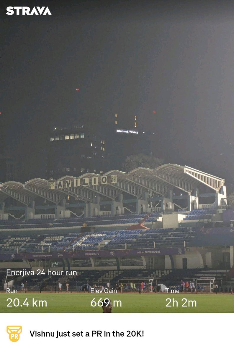 VVishnuKiran1's tweet photo. Shattered so many PRs running barefoot
Jogged 2 hrs non stop for the first time ever
@NEBSportsEPL
#teamrelay
#running
#stadium
Check out my run on Strava: https://t.co/1yNWkRzbOp https://t.co/oF1AL7YdhM