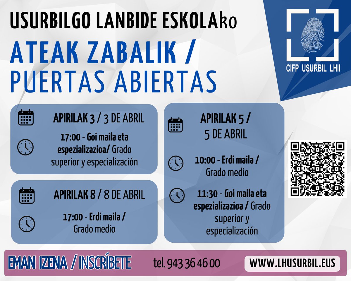 ZubietaLHII's tweet photo. 📢 Ateak Zabalik Jardunaldiak – Ez galdu aukera! 🎓🔧🔋

🗓️ Data eta orduak:

📍 Apirilak 3 (osteguna)
🕔 17:00 – Goi Maila &amp; Espezializazioa

📍 Apirilak 5 (larunbata)
🕙 10:00 – Erdi Maila
🕦 11:30 – Goi Maila &amp; Espezializazioa

📍 Apirilak 8 (asteartea)
🕔 17:00 – Erdi Maila https://t.co/E4gteItdwG