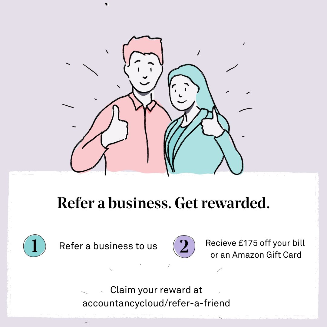 💡 Refer a Business. Get Rewarded.

Here’s how it works:
1️⃣ Refer a business to us.
2️⃣ Receive £175 off your bill or an Amazon Gift Card.

It’s that simple! 🎉

Start sharing and claim your reward today 👉 accountancycloud/refer-a-friend