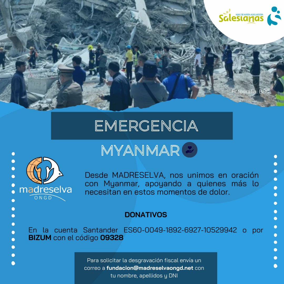 El reciente terremoto en Myanmar ha dejado miles de personas afectadas y con grave necesidad de asistencia🌍

💔Nuestra comunidad Salesiana en Mandalay también se vio afectada. Ahora más que nunca, tu apoyo puede hacer la diferencia.

Nos unimos en oración en estos momentos