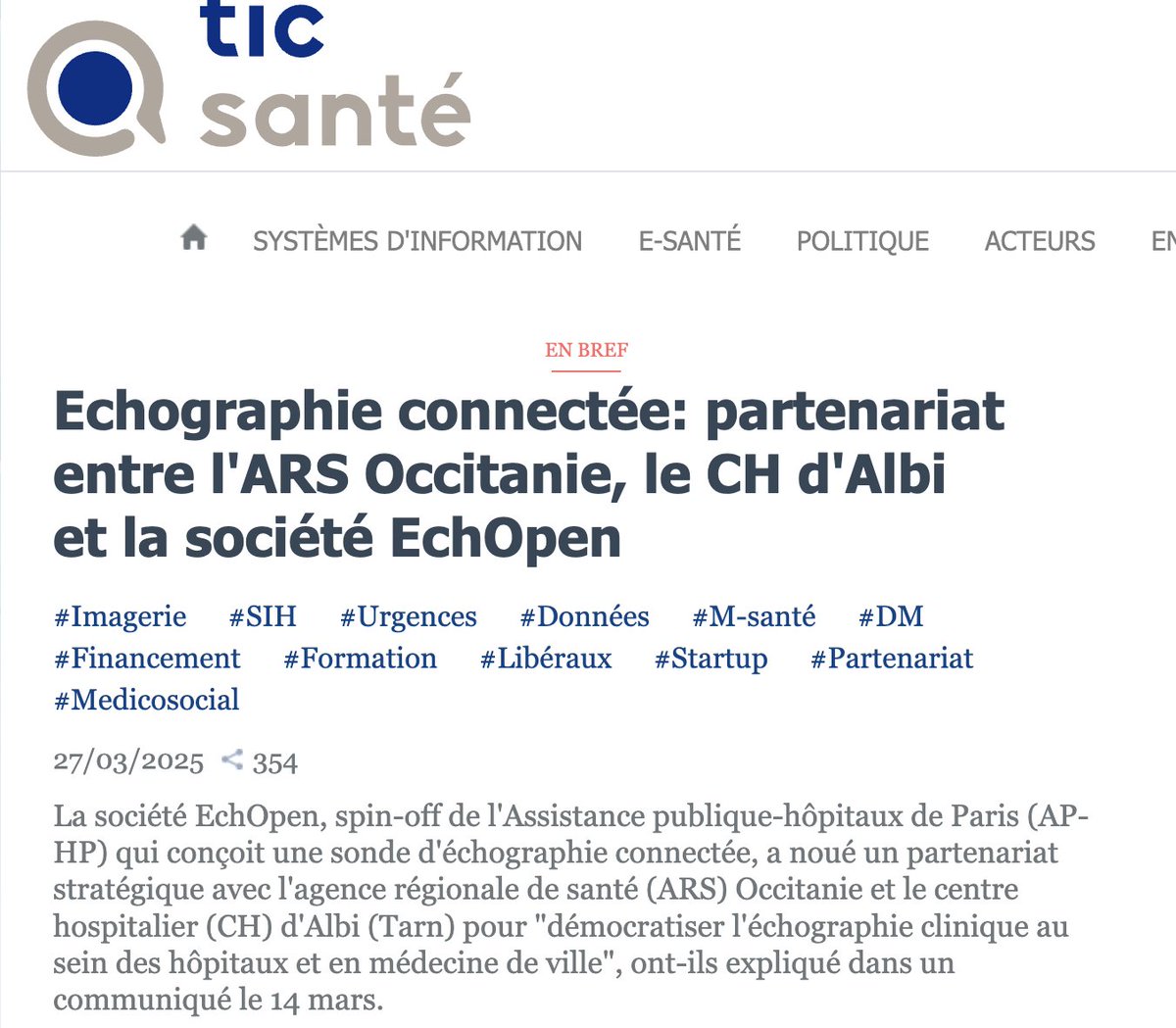 Université e-santé (@univesante) on Twitter photo 👀Echographie connectée: partenariat entre l'ARS Occitanie, le CH d'Albi et la société EchOpen - <a href="/ARS_OC/">ARS Occitanie</a> <a href="/echopenorg/">echOpen</a> via <a href="/TICsante/">TICsanté</a>
ticsante.com/story?ID=7632
✔️La société EchOpen, spin-off de l'Assistance publique-hôpitaux de Paris (<a href="/APHP/">Assistance Publique – Hôpitaux de Paris (AP-HP)</a>) qui conçoit une sonde d'échographie 👀Echographie connectée: partenariat entre l'ARS Occitanie, le CH d'Albi et la société EchOpen - <a href="/ARS_OC/">ARS Occitanie</a> <a href="/echopenorg/">echOpen</a> via <a href="/TICsante/">TICsanté</a>
ticsante.com/story?ID=7632
✔️La société EchOpen, spin-off de l'Assistance publique-hôpitaux de Paris (<a href="/APHP/">Assistance Publique – Hôpitaux de Paris (AP-HP)</a>) qui conçoit une sonde d'échographie