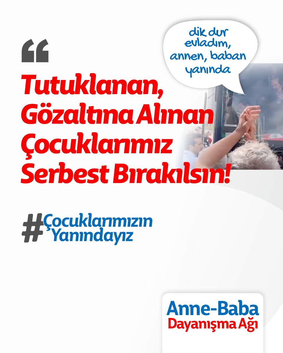 Biz tutuklanan, gözaltına alınan çocuklarımızın anne babaları olarak çocuklarımızın yanındayız. Tüm çocuklarımız özgür kalıncaya kadar dayanışma içerisinde olacağız. Onlar bizim geleceğimiz.
#ÇocuklarımızaDokunmayın
#ÇocuklarımızınYanındayız