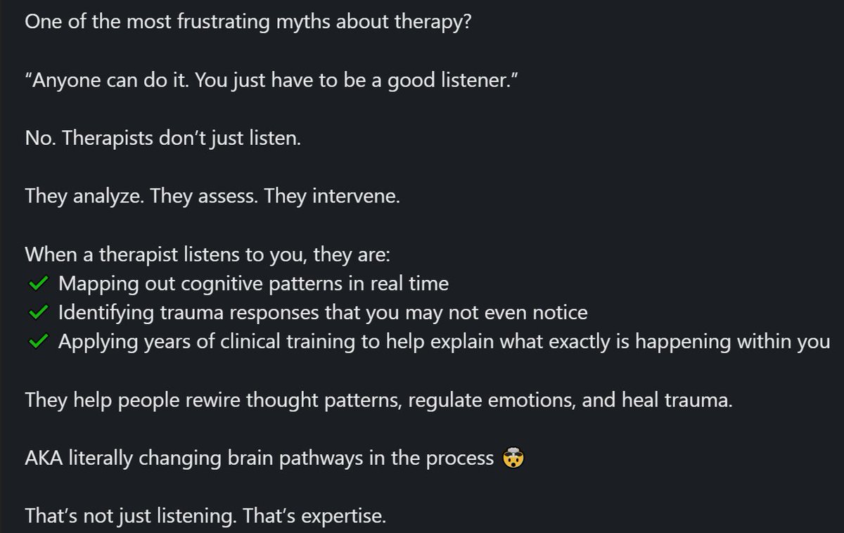 Good therapists don't "just listen". There is a huge  amount of work going on below the surface.

#mentalhealthkenya