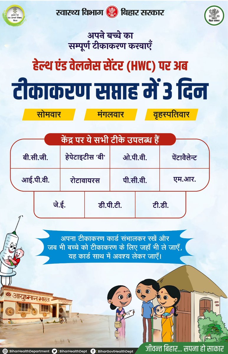 Bihar Health Dept (@biharhealthdept) on Twitter photo рд╣реЗрд▓реНрде рдПрдВрдб рд╡реЗрд▓рдиреЗрд╕ рд╕реЗрдВрдЯрд░ (HWC) рдкрд░ рдЕрдм рдЯреАрдХрд╛рдХрд░рдг рд╕рдкреНрддрд╛рд╣ рдореЗрдВ 3 рджрд┐рди
<a href="/IPRDBihar/">IPRD Bihar</a>
<a href="/SHSBihar/">State Health Society Bihar</a>
<a href="/mangalpandeybjp/">Mangal Pandey</a>
#BiharHealthDept рд╣реЗрд▓реНрде рдПрдВрдб рд╡реЗрд▓рдиреЗрд╕ рд╕реЗрдВрдЯрд░ (HWC) рдкрд░ рдЕрдм рдЯреАрдХрд╛рдХрд░рдг рд╕рдкреНрддрд╛рд╣ рдореЗрдВ 3 рджрд┐рди
<a href="/IPRDBihar/">IPRD Bihar</a>
<a href="/SHSBihar/">State Health Society Bihar</a>
<a href="/mangalpandeybjp/">Mangal Pandey</a>
#BiharHealthDept