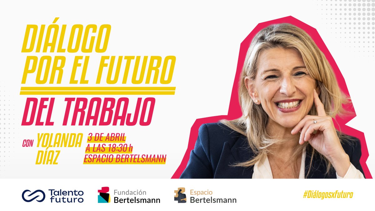 Espacio Bertelsmann (@e_bertelsmann) on Twitter photo 🚀 Seguimos impulsando el diálogo para conseguir un cambio social positivo.
📅Este 3 de abril celebramos el evento "Diálogo por el Futuro del Trabajo", con la participación de <a href="/Yolanda_Diaz_/">Yolanda Díaz</a> y representantes del tejido juvenil.
Más info👇
espaciobertelsmann.es/eventos/dialog…
#DiálogosxFuturo 🚀 Seguimos impulsando el diálogo para conseguir un cambio social positivo.
📅Este 3 de abril celebramos el evento "Diálogo por el Futuro del Trabajo", con la participación de <a href="/Yolanda_Diaz_/">Yolanda Díaz</a> y representantes del tejido juvenil.
Más info👇
espaciobertelsmann.es/eventos/dialog…
#DiálogosxFuturo