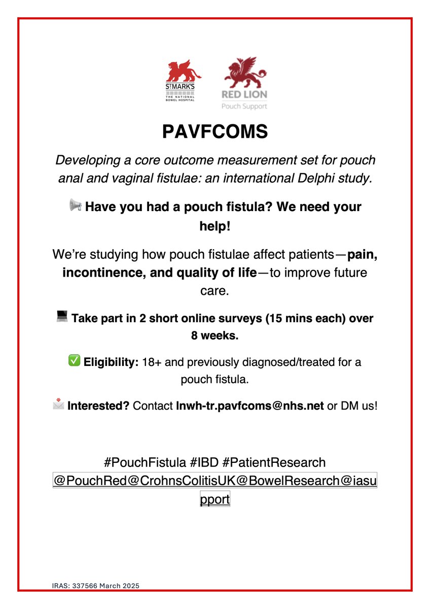 Easan Anand (@easan_anand) on Twitter photo ๐ข 1 week left to sign up!
Have you had a pouch fistula? Help improve how doctors measure its impactโlike pain, incontinence & quality of life
๐ฉ Contact lnwh-tr.pavfcoms@nhs.net or DM us to take part.
<a href="/PouchRed/">RedLionPouchSupport</a> <a href="/CrohnsColitisUK/">Crohn's & Colitis UK</a> <a href="/BowelResearch/">Bowel Research UK</a> <a href="/iasupport/">IA (Ileostomy and Internal Pouch Association)</a>
#IBD #PouchFistula ๐ข 1 week left to sign up!
Have you had a pouch fistula? Help improve how doctors measure its impactโlike pain, incontinence & quality of life
๐ฉ Contact lnwh-tr.pavfcoms@nhs.net or DM us to take part.
<a href="/PouchRed/">RedLionPouchSupport</a> <a href="/CrohnsColitisUK/">Crohn's & Colitis UK</a> <a href="/BowelResearch/">Bowel Research UK</a> <a href="/iasupport/">IA (Ileostomy and Internal Pouch Association)</a>
#IBD #PouchFistula