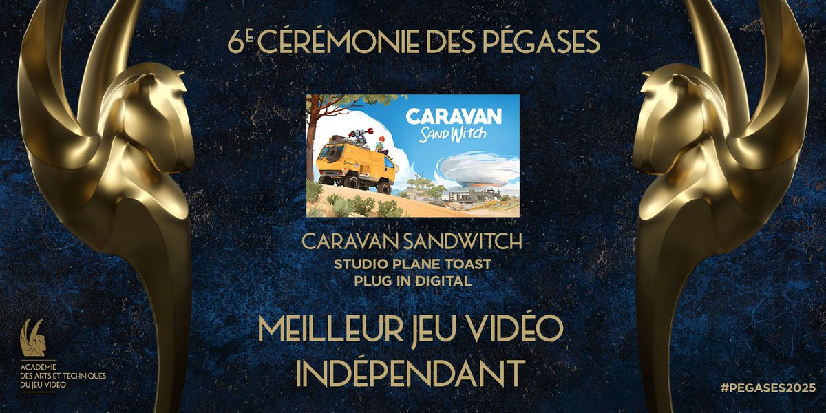 Académie des Arts et Techniques du Jeu Vidéo (@academiejv) on Twitter photo Lauréat pour le prix du Meilleur Jeu Vidéo Indépendant aux #Pégases2025 🏆
Félicitations aux équipes de Caravan SandWitch de <a href="/planetoastdev/">PlaneToast✈️🍞</a>, édité par <a href="/plugindigital/">Plug In Digital</a> ! Lauréat pour le prix du Meilleur Jeu Vidéo Indépendant aux #Pégases2025 🏆
Félicitations aux équipes de Caravan SandWitch de <a href="/planetoastdev/">PlaneToast✈️🍞</a>, édité par <a href="/plugindigital/">Plug In Digital</a> !
