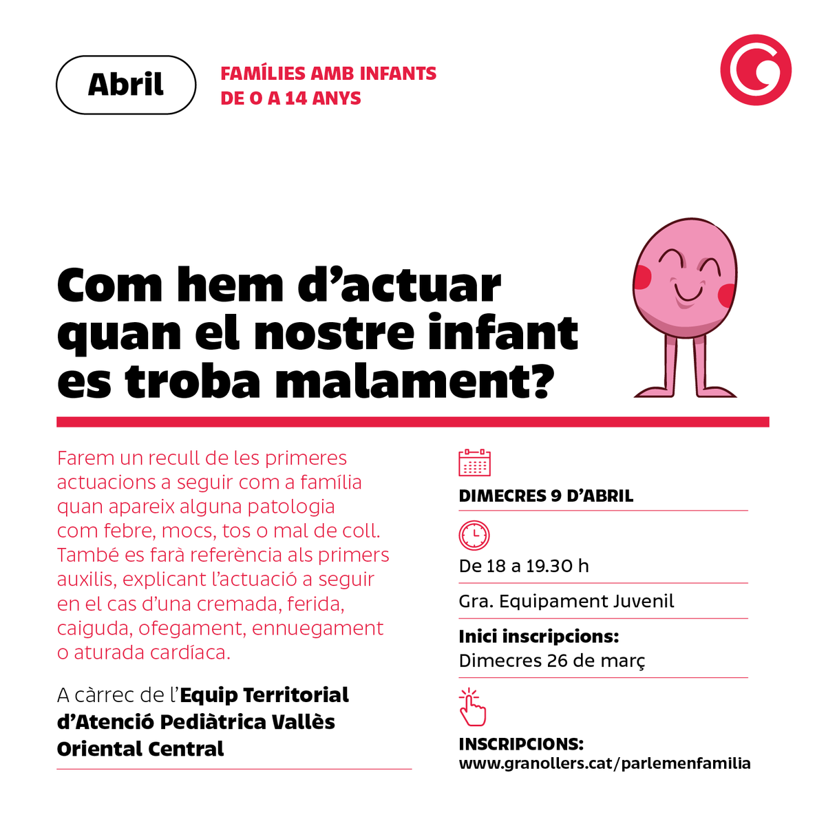 Com hem d’actuar quan el nostre infant es troba malament?
➡ T’ho expliquem a la pròxima xerrada del Parlem en família!
🗓 Dimecres 9 d’abril
⏰ 18 h
📍 GRA, Equipament Juvenil Granollers
ℹ i inscripcions: granollers.cat/parlemenfamilia

<a href="/bibliotequesgr/">Bib. Granollers</a> <a href="/grajove/">GRA</a>