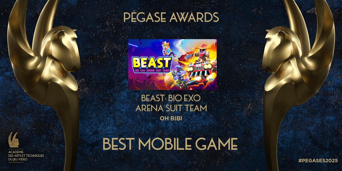 Académie des Arts et Techniques du Jeu Vidéo (@academiejv) on Twitter photo Winner of the Best Mobile Game award at the #Pégases2025 🏆
Congratulations to the teams of BEAST Bio Arena Suit Team from <a href="/oh_bibi/">Oh BiBi Games</a>! Winner of the Best Mobile Game award at the #Pégases2025 🏆
Congratulations to the teams of BEAST Bio Arena Suit Team from <a href="/oh_bibi/">Oh BiBi Games</a>!