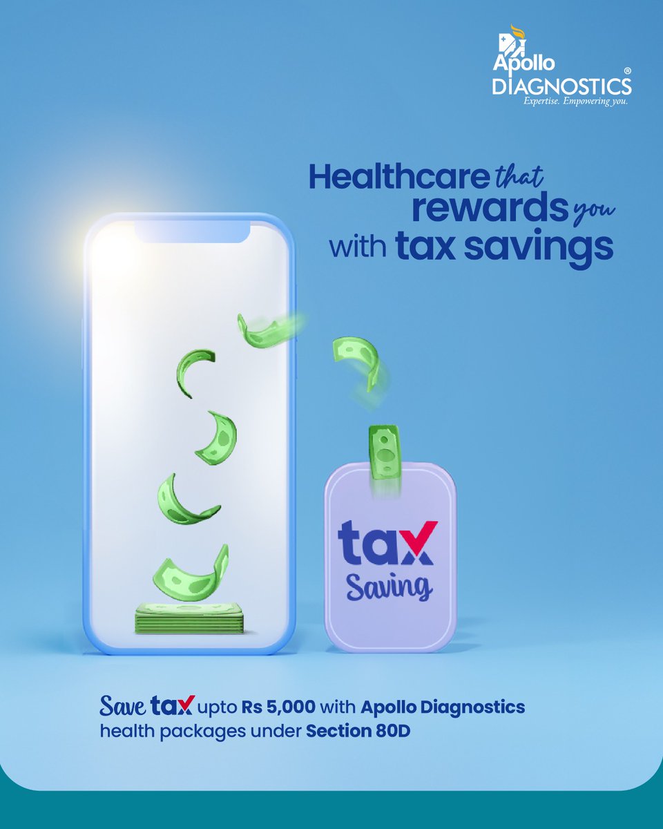 apollodiag's tweet image. Invest in your health, save on your taxes! Book Apollo Diagnostics health packages and claim up to ₹5000 tax benefits under Section 80D. 
#ApolloDiagnostics #TaxSavings #Section80D #HealthTestings #TaxSavingWithCare