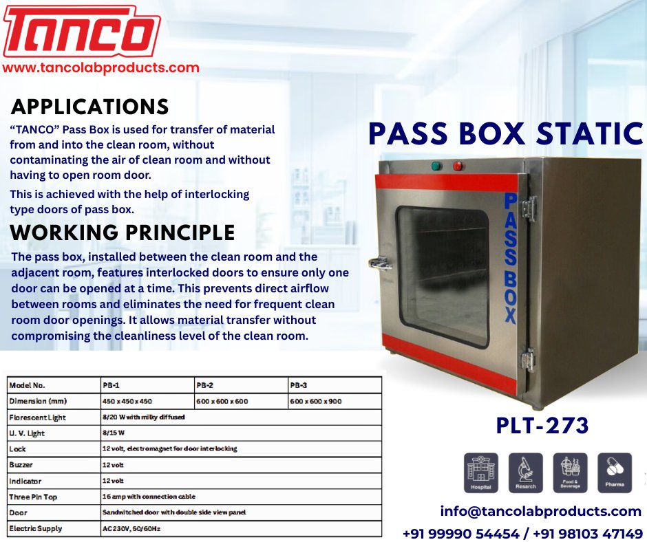 tancolab's tweet image. 🌟 TANCO Pass Box: The Ultimate Solution for Clean Room Material Transfer 🌟
Introducing the TANCO Pass Box – an efficient and contamination-free way to transfer materials into and out of your cleanroom.
📞99990 54454📧info@tancolabproducts.com
#tancolabproducts #tanco #passbox