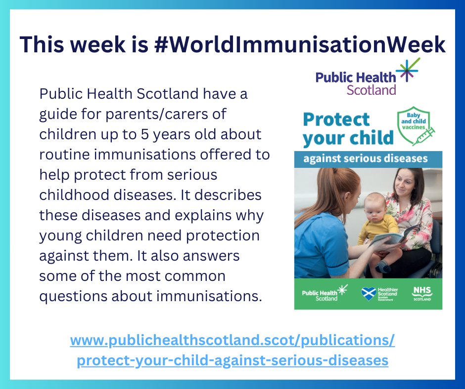 This week is #WorldImmunisationWeek 

Public Health Scotland have a guide for parents/carers of children up to 5 years on the routine immunisations that are offered to help protect them from serious childhood diseases.

publichealthscotland.scot/publications/p…