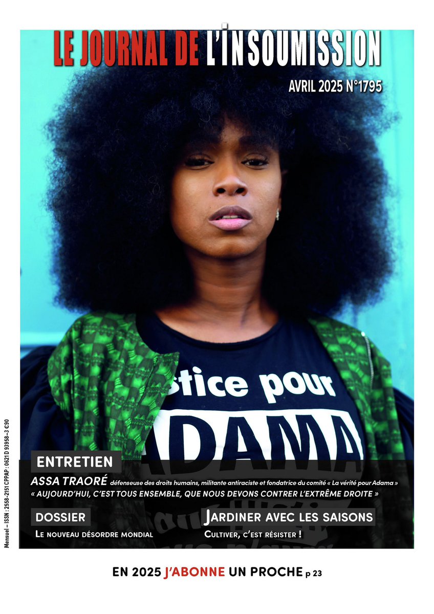 Très fière de vous présenter la Une du numéro d'avril du <a href="/Journalinsoumis/">Journal de l'insoumission</a> avec Assa Traoré

Au sommaire également, un dossier sur la situation internationale.

Pour le recevoir chez vous, abonnez-vous vite sur leji.fr

<a href="/laveritepradama/">La Vérité Pour Adama</a>
