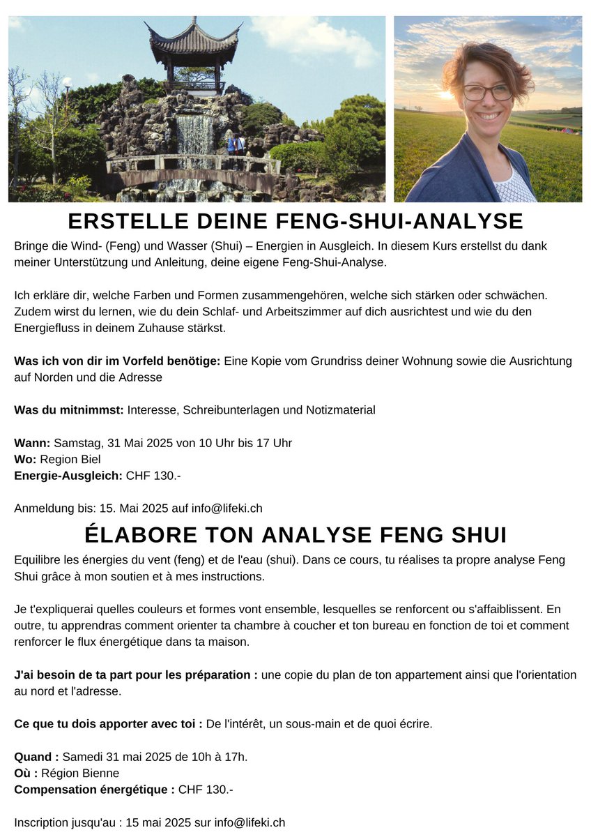 Liebes Twitter-Netzwerk
In genau 2 Monaten ist mein nächster Feng-Shui-Kurs.
Ich freue mich auf den Kurs und dich vielleicht zu begrüssen und begleiten.
Da die Plätze nicht unlimitiert zur Verfügung stehen, ist eine frühzeitige Anmeldung wichtig.
Herzliche Grüsse
Michèle